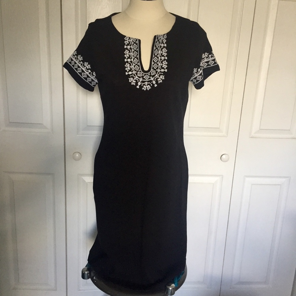 Talbots Black Midi Dress with White Embroidery